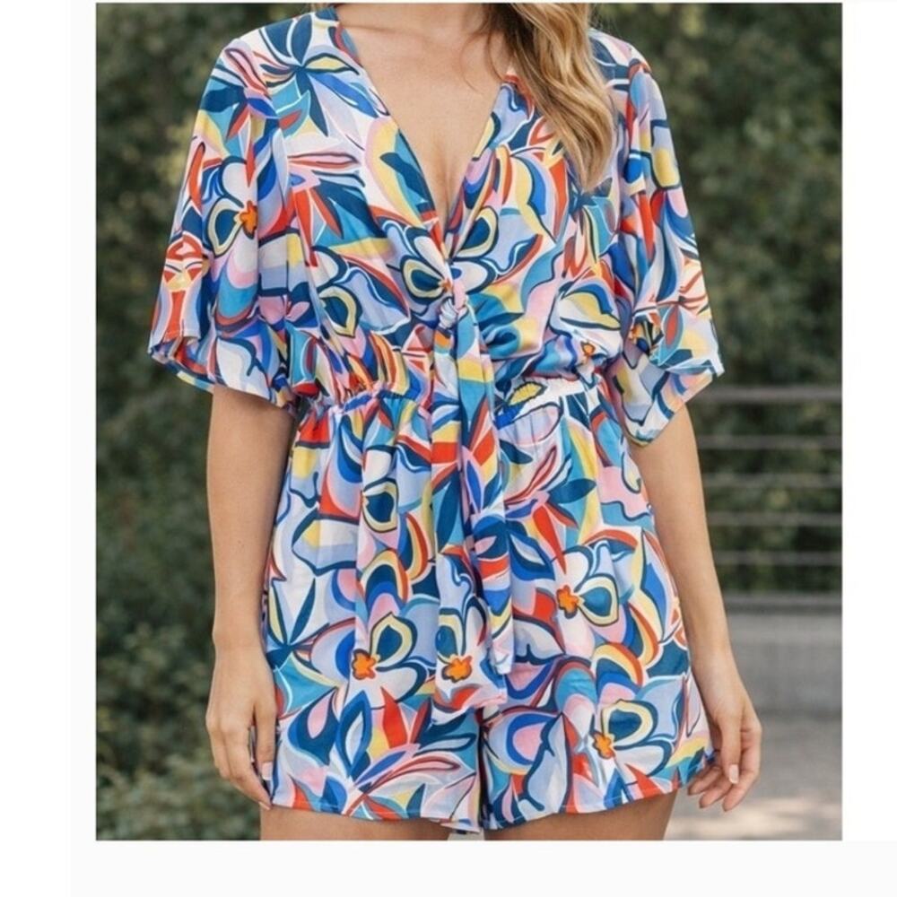 Emily Wonder Womens Romper Abstract Floral Tie Front Size Small NWT
